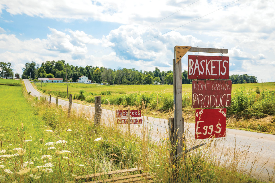 A produce sign along a back road in Amish Country