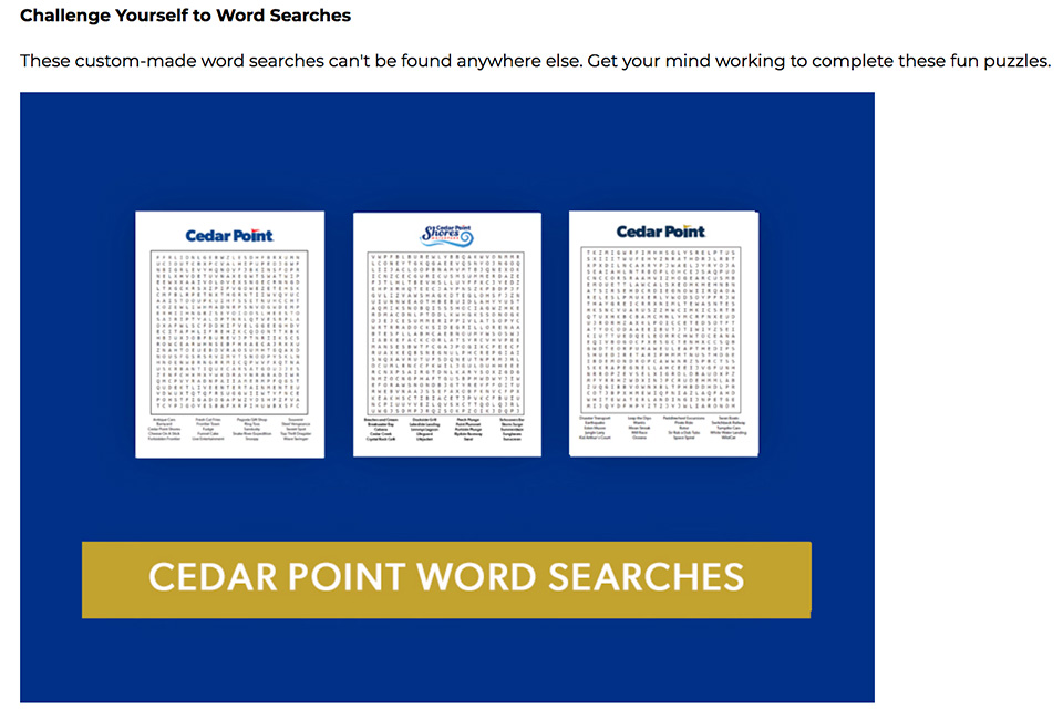 Cedar Point Word Searches