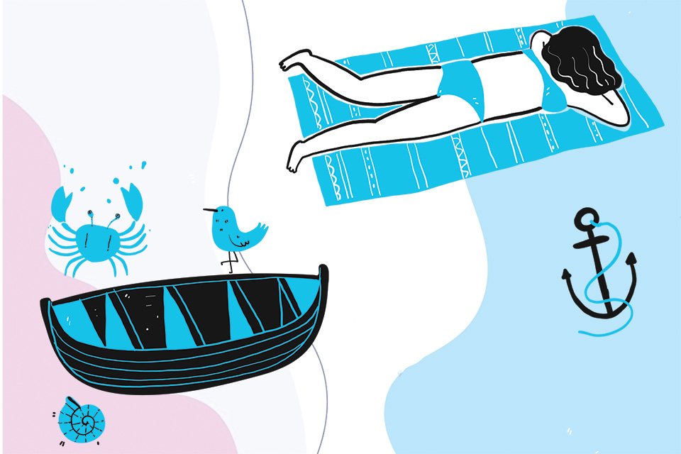 Women laying on a towel, crab, bird and kayak illustration (photo by iStock)