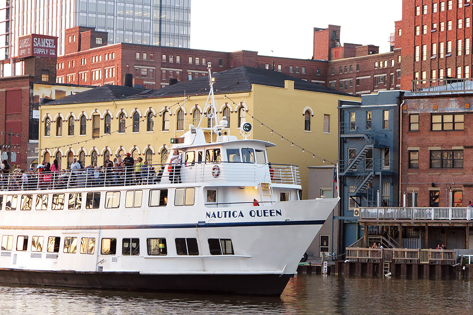 Nautica Queen on the Cuyahoga River in Cleveland's Flats District (photo courtesy of Nautica Queen)