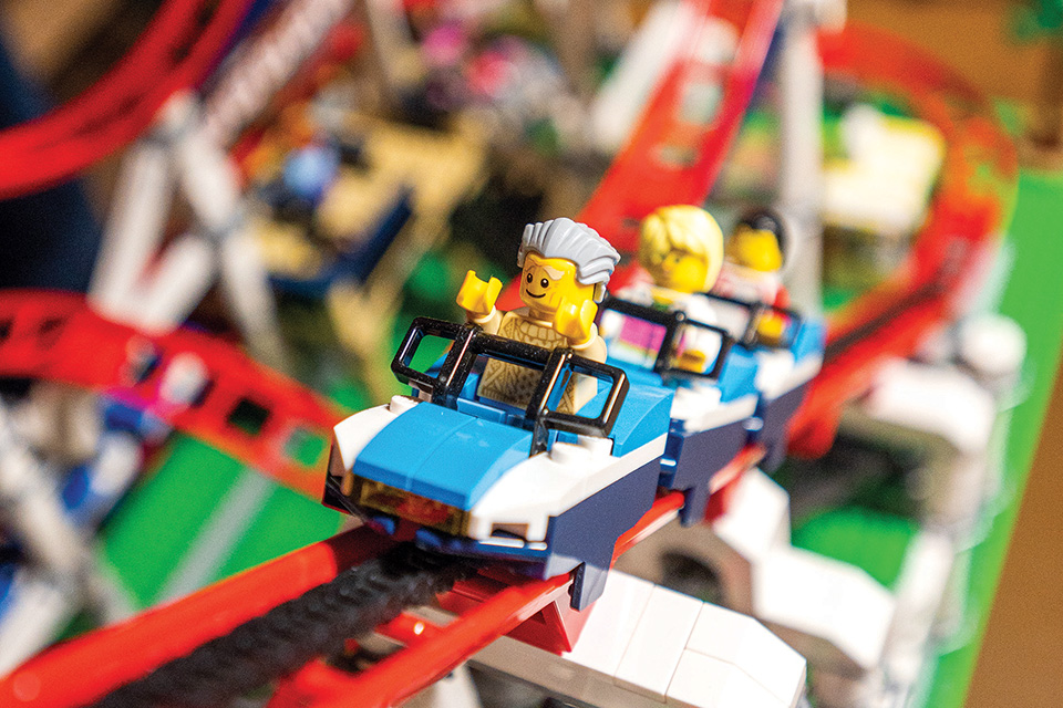Lego minifigures on a roller coaster (photo by Ken Blaze)