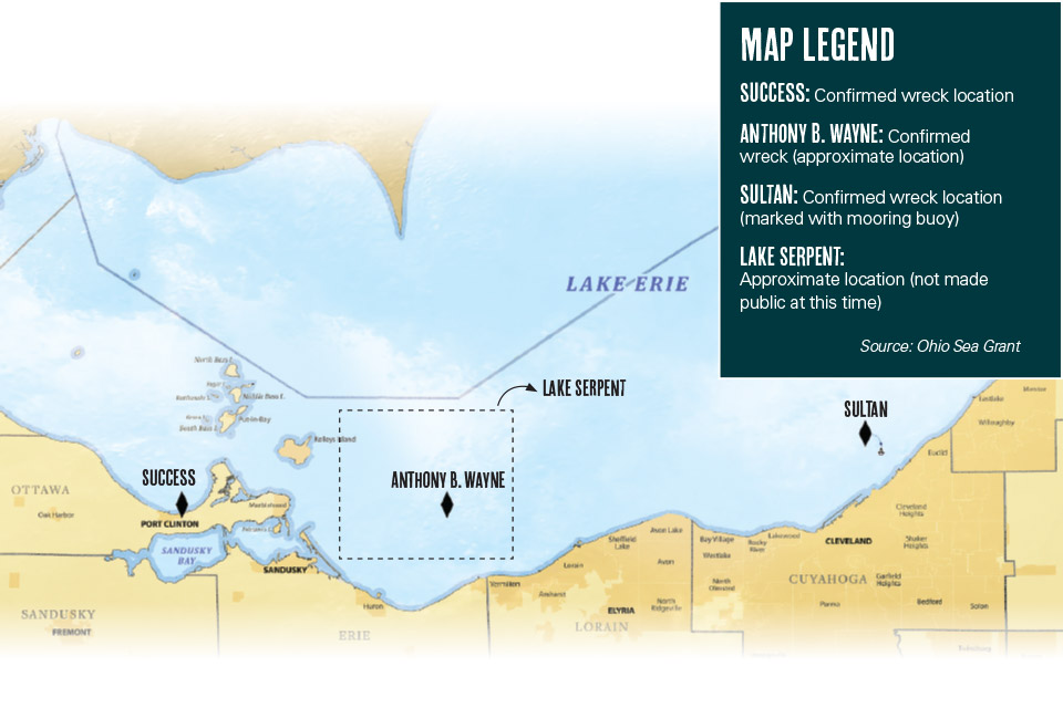 A map of the location of the four shipwrecks mentioned in this story