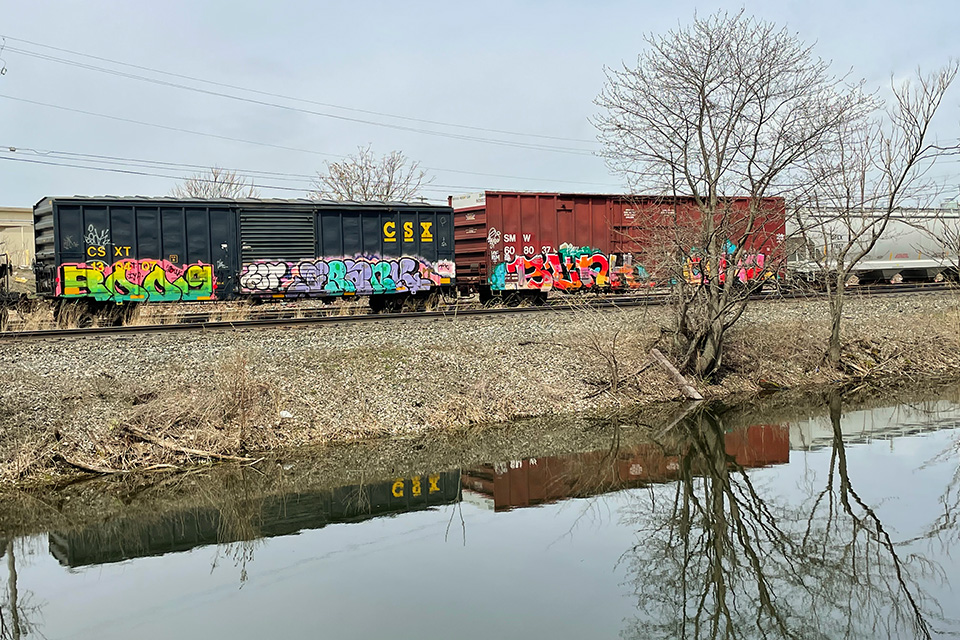 Trains with graffiti along the Towpath Trail near Barberton (photo by Jim Vickers)