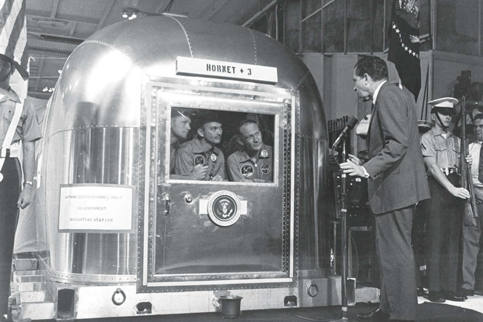 President Nixon speaks to the Apollo astronauts while they are quarantined in an Airstream trailer (photo courtesy of NASA)