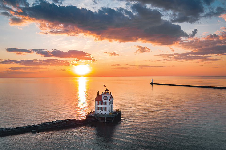 Lorain Lighthouse at sunset (photo by V1DroneMedia)