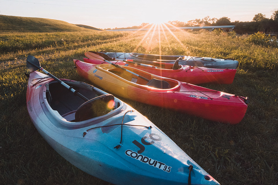 Kayaks on the grass (photo courtesy of Travel Butler County)