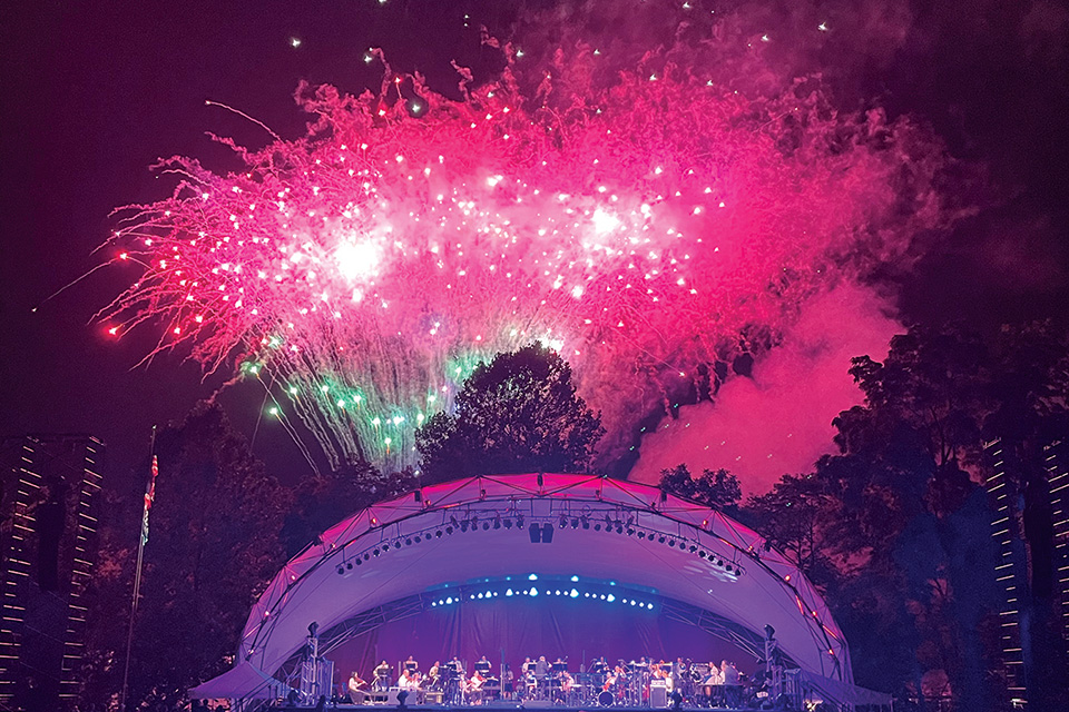 Stage with fireworks over it (photo courtesy of Lancaster Festival)
