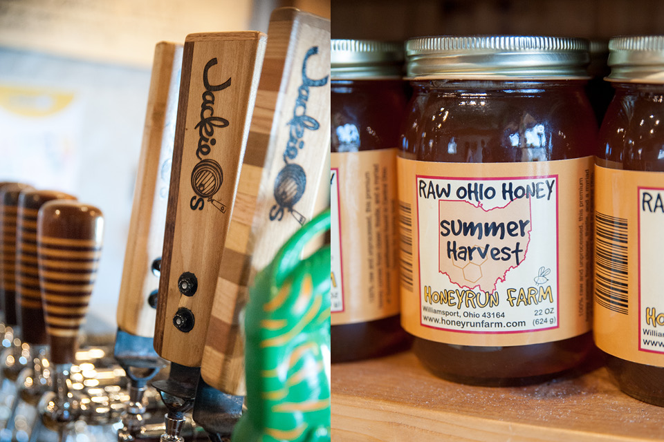 Tap handles at Jackie O’s and and local honey for sale at Athens Bread Co. (photo by Michelle Waters)