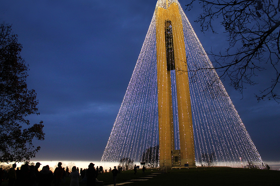 Carillon Tree of Light at dusk in Dayton (photo courtesy of Carillon Historical Park)