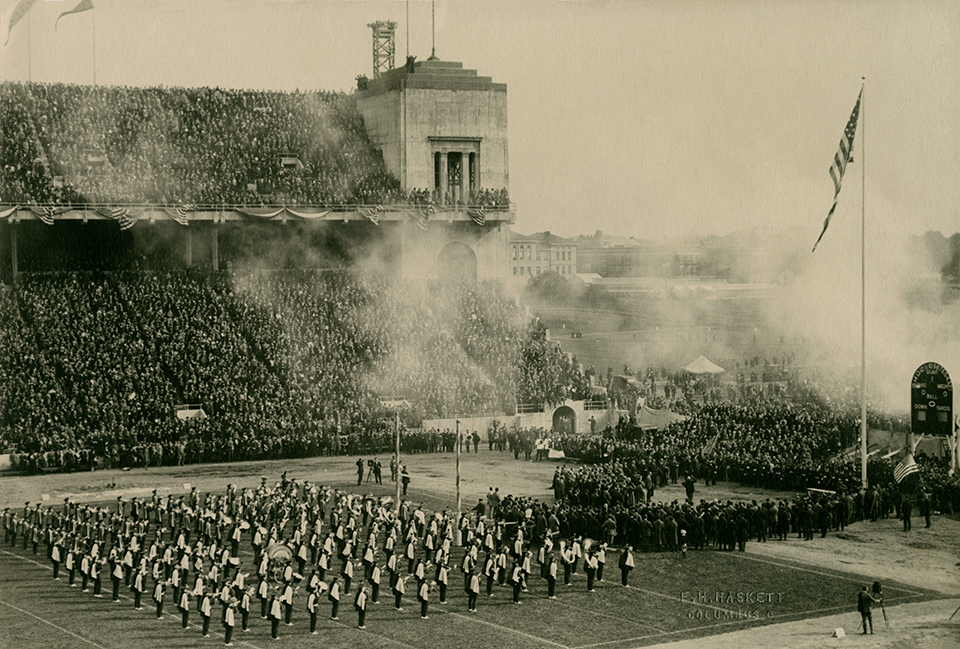 The Ohio State Marching band performing during the Ohio Stadium dedication in 1922 (photo courtesy of The Ohio State University Archives)