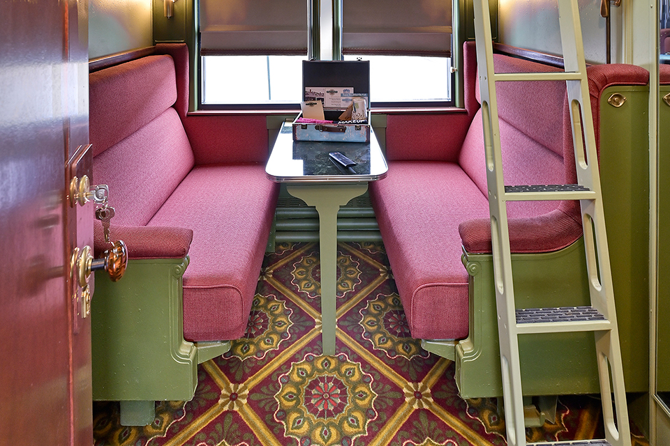 Interior of railcar at Dennison’s Pullman Bed and Breakfast (photo by Jim Celuch)