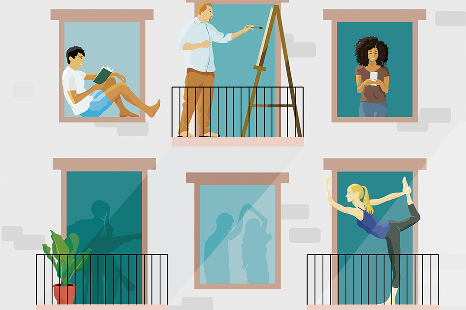 Apartment complex residents reading, painting, texting, dancing and working out (illustration by iStock)