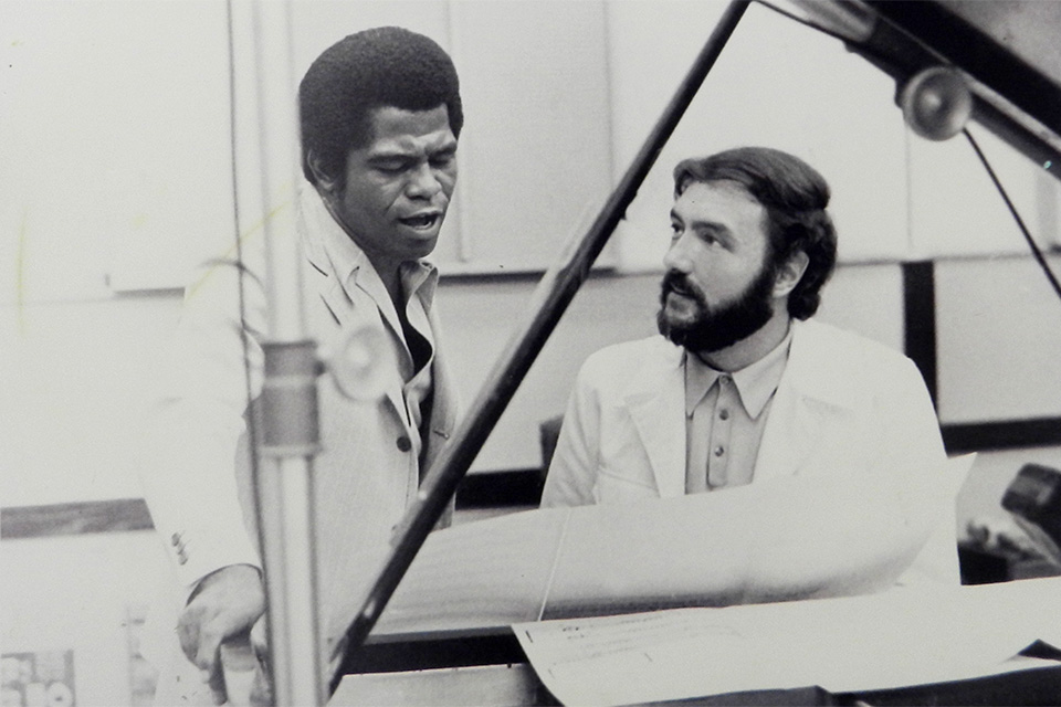 James Brown and jazz pianist Frank Vincent rehearsing at King Records in 1968 (photo courtesy of Steve Halper)