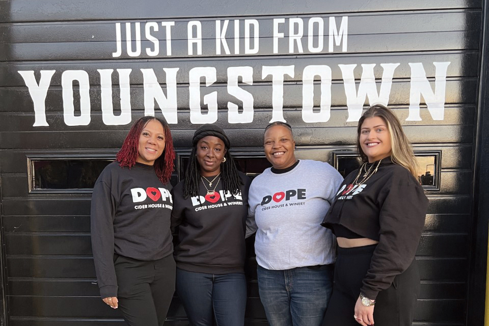 D.O.P.E. Cider House & Winery owner Hannah Ferguson (second from right) with employees in Youngstown (photo courtesy of D.O.P.E. Cider House & Winery)