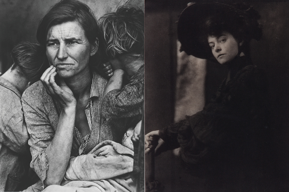 Dorothea Lange’s “Migrant Mother, Nipoma, California” and Gertrude Käsebier’s “Portrait–Miss Minnie Ashley” (photos courtesy of Bank of America collection)