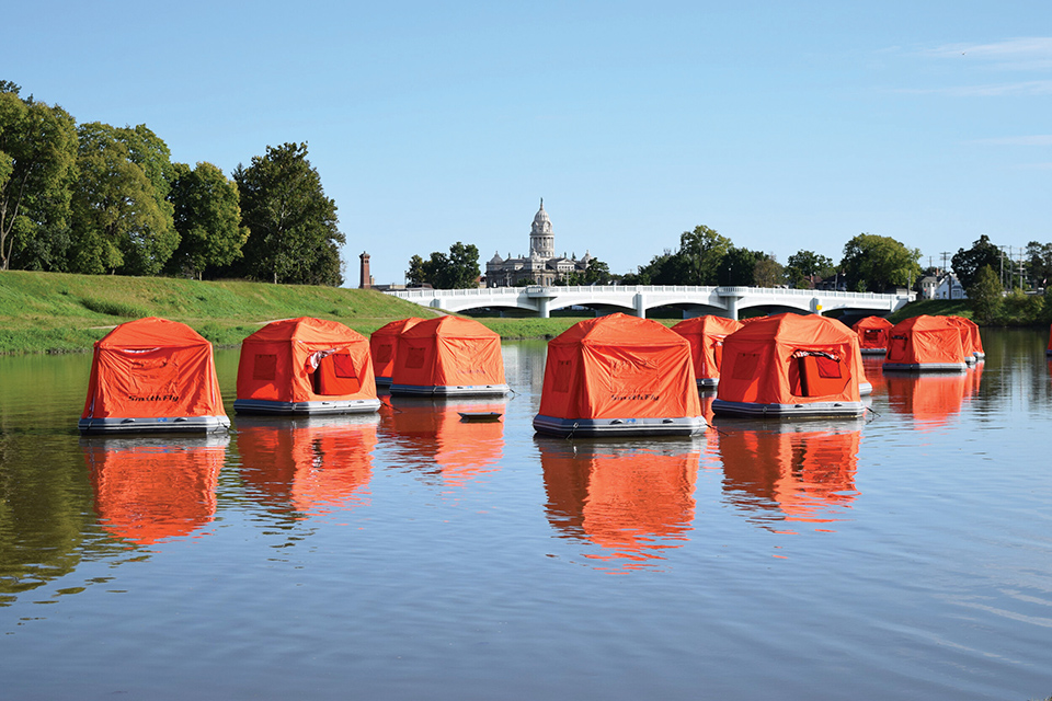 Floating tents on the Great Miami River in Troy (photo courtesy of Float Troy)