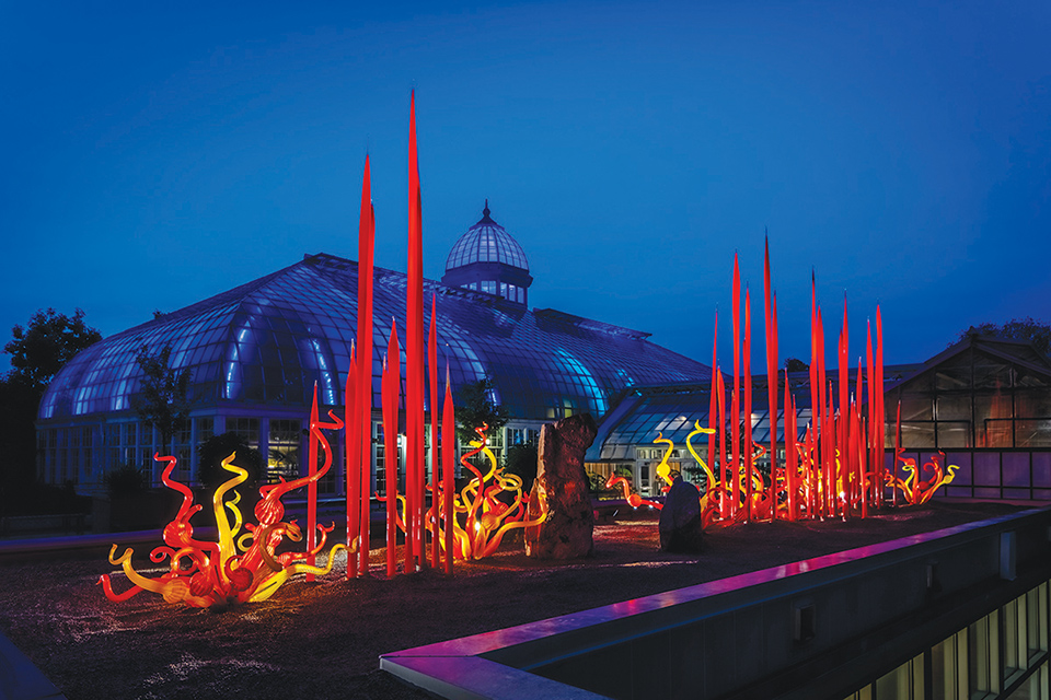 Chihuly illuminated glasswork at Franklin Park Conservatory & Botanical Gardens Chihuly Nights in Columbus (photo all rights reserved by Chihuly Studio)