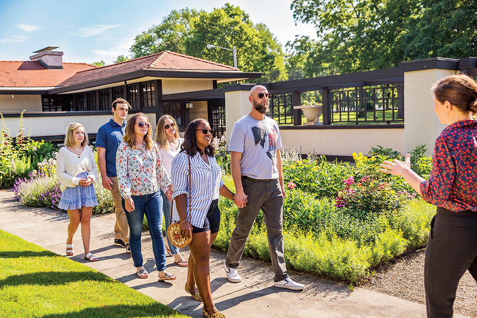 Group of people on a tour at Springfield’s Frank Lloyd Wright-designed Westcott House (photo by Matthew Allen)