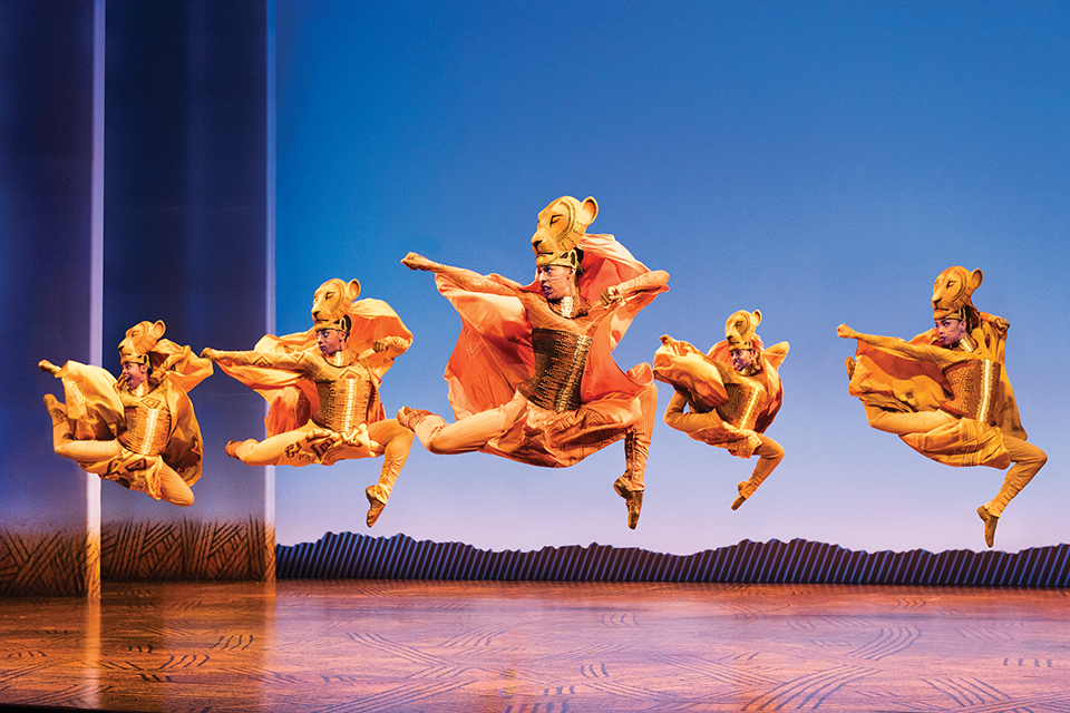 Five dancers on stage in a performance of “The Lion King” (photo © Disney / Deen Van Meer)