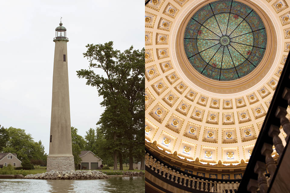 Lighthouse along Grand Lake St. Mary’s and Mercer County Courthouse rotunda in Celina (photos by Rachael Jirousek)