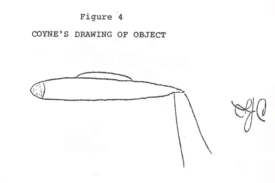 Hand-drawn illustration of spacecraft by Lawrence Coyne (courtesy of 