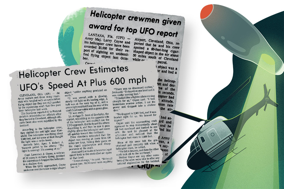 UFO illustration and newspaper clippings (illustration by Jacob Stead)