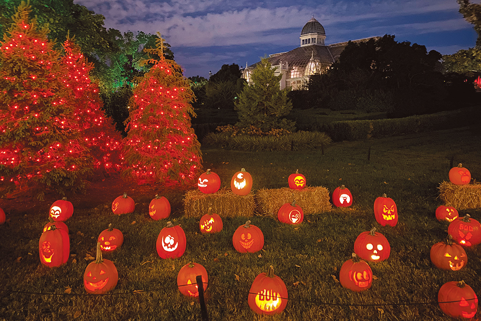Lit jack-o-lanterns in front of Palm House at Franklin Park Conservatory and Botanical Gardens in Columbus (photo courtesy of Franklin Park Conservatory and Botanical Gardens)