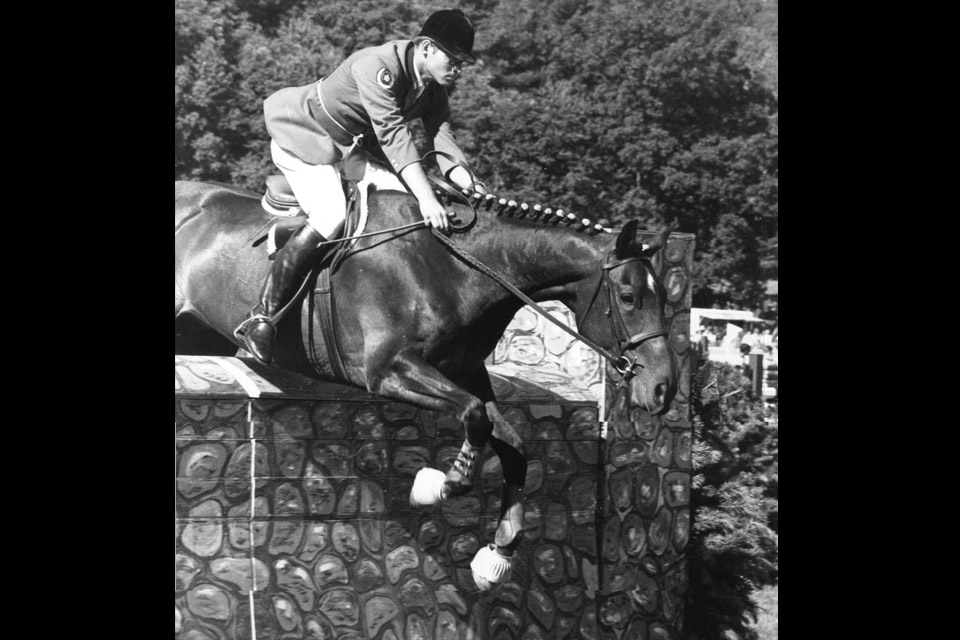 Competitor jumping over the Cleveland Wall in the 1965 Cleveland Grand Prix (photo courtesy of CVPHA and “The Cleveland Grand Prix: A Show Jumping First” by Betty Weibel)