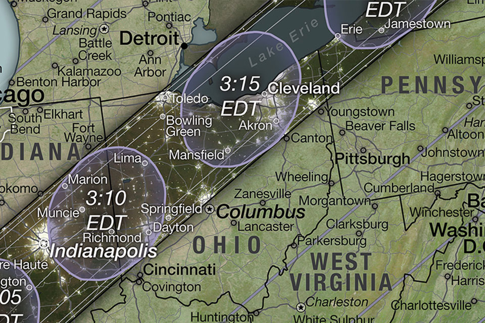 April 8, 2024, total solar eclipse path of totality across Ohio (photo by NASA's Scientific Visualization Studio)