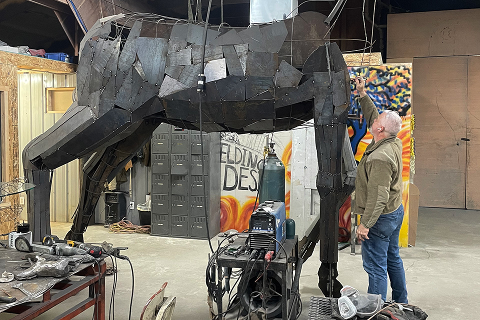 David Griesmyer working on 4,000-pound metal deer sculpture for the Ohio Art Corridor (photo courtesy of David Griesmyer)