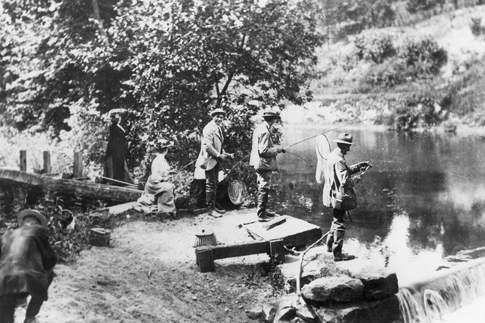 Men fishing at Pinery Feeder Dam, located in what is today Cuyahoga Valley National Park, in 1895 (photo by NPS Collection)