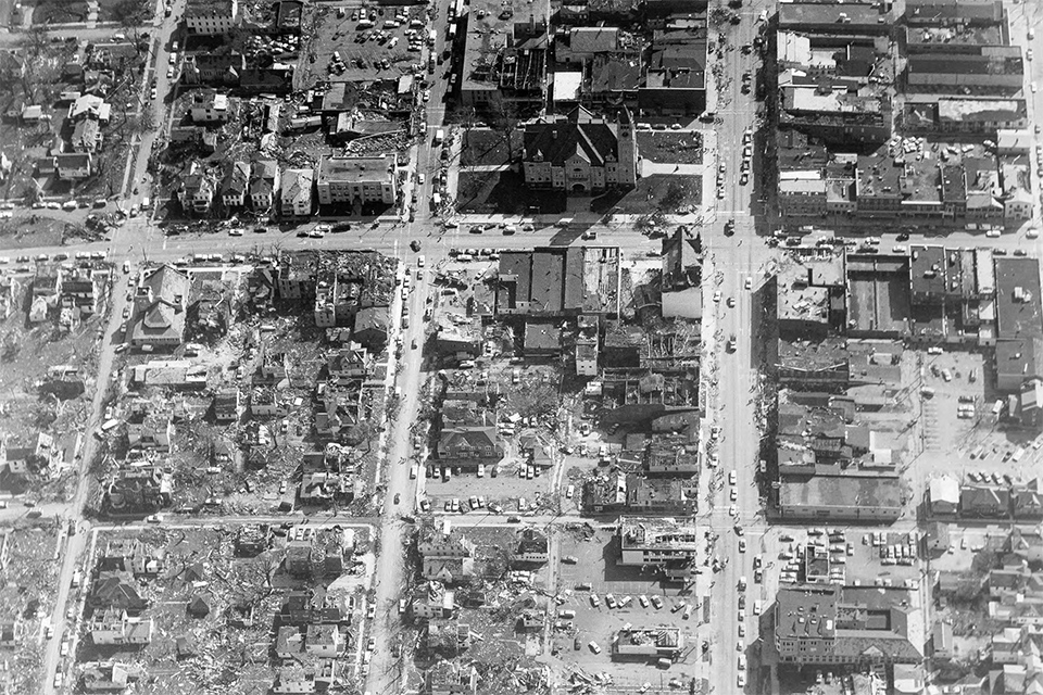 Aerial view of Xenia after the tornado struck in 1974 (photo courtesy of Greene County Public Library)