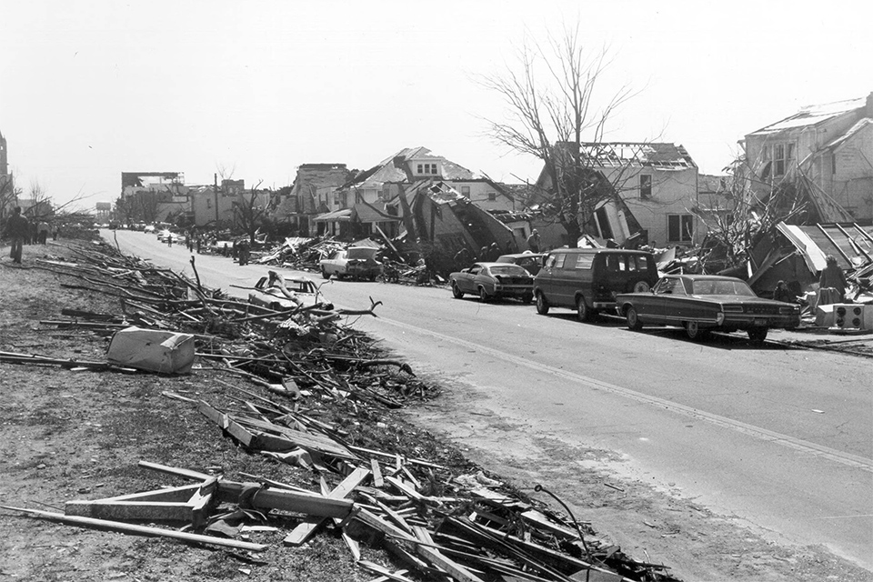 Damage from the 1974 Xenia tornado on a neighborhood street (photo courtesy of Greene County Public Library)
