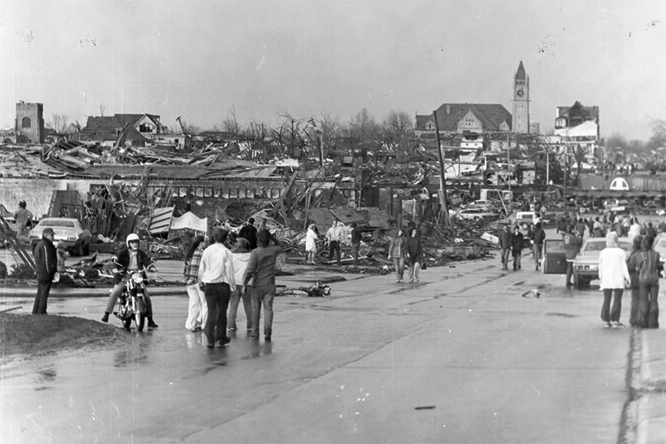 People walking through Xenia following the 1974 tornado (photo courtesy of Greene County Public Library)