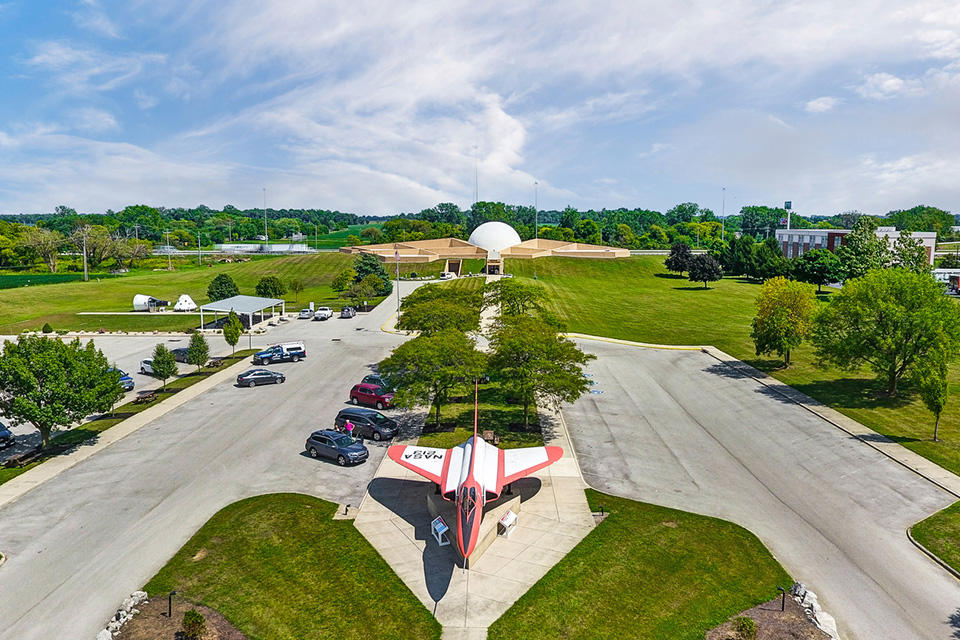 Aerial view of Armsrong Air & Space Museum in Wapakoneta (photo courtesy of Grand Lake Region Visitors Center)