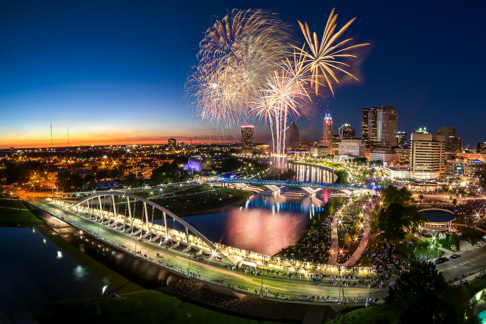 Fireworks over skyline at Columbus’ Red White and Boom! (photo by Peter Ahn)