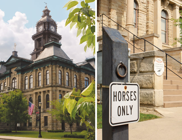 Holmes County Courthouse exterior and “Horses Only” sign in Millersburg (photos by Brian Kaiser)