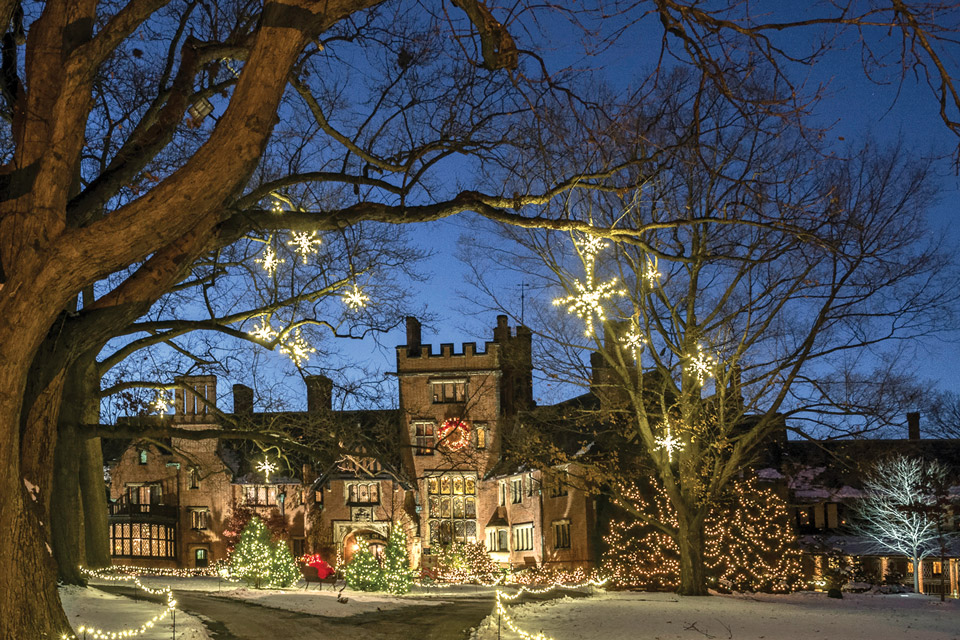 Exterior of Akron’s Stan Hywet Hall & Gardens during Deck the Hall (photo courtesy of Stan Hywet Hall & Gardens)