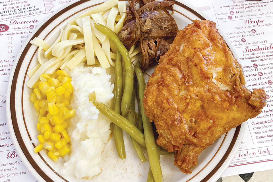 Amish corn, noodles, green beans, beef and chicken at Mrs. Yoder’s Kitchen in Mount Hope (photo by Rachael Jirousek)