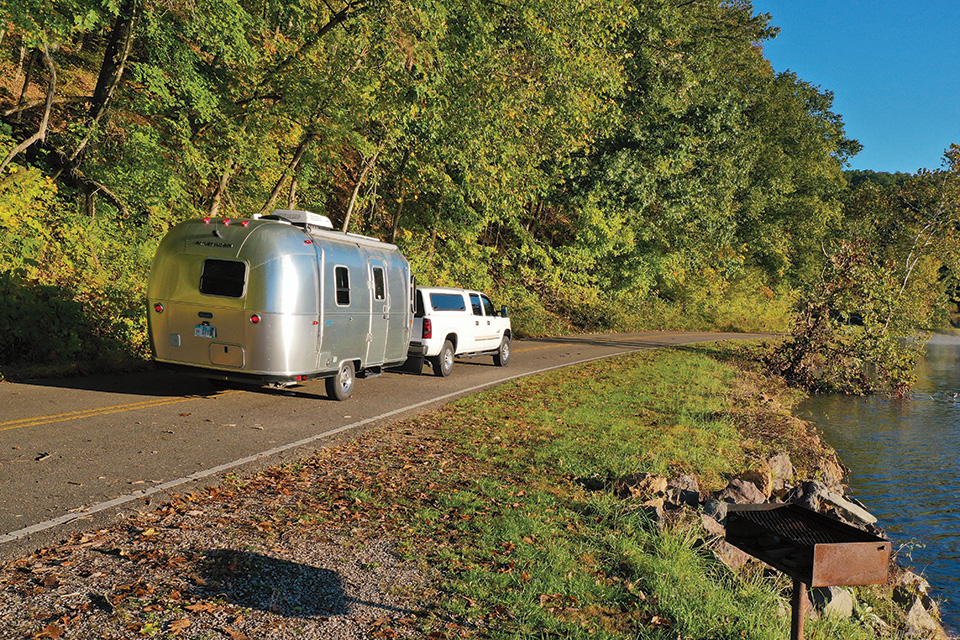 Truck pulling Airstream camper on road at Burr Oak State Park in Glouster (photo courtesy of Ohio Department of Natural Resources)