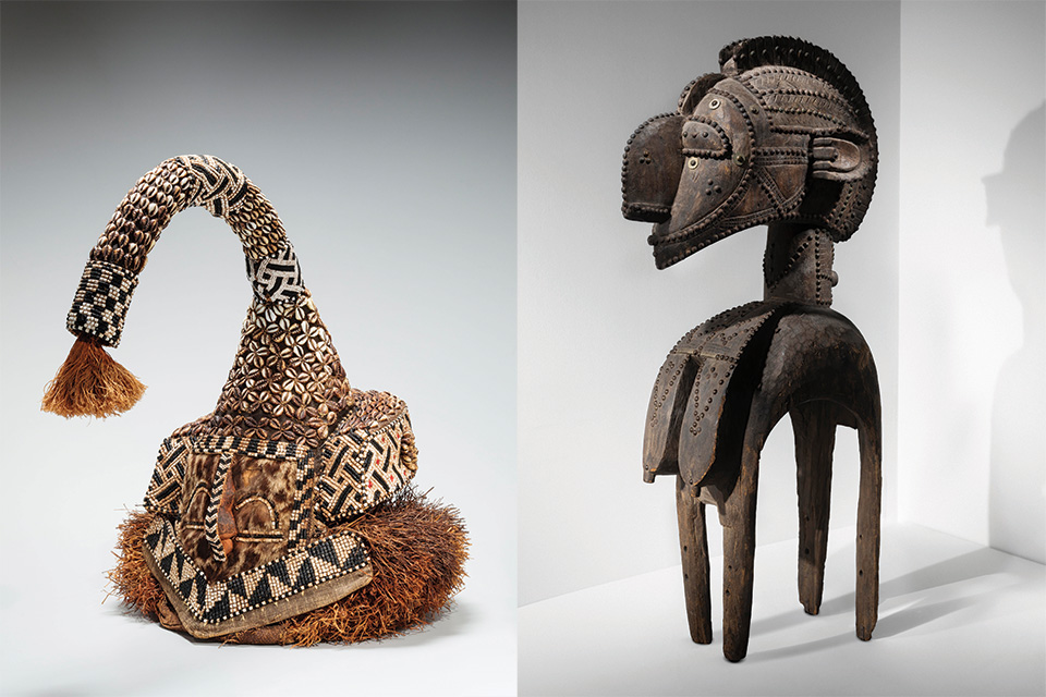 Kuba People’s Democratic Republic of Congo Headdress Mukenga and Baga Nimba Shoulder Mask in “Strategic Interplay: African Art and Imagery in Black and White” (left photo courtesy of the Toledo Museum of Art, right photo by Vincent Girier DuFournier)